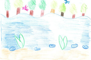 Zeichnung: Ein See am Waldrand, zwei Elfen fliegen über das Wasser
