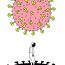 Un virus dessiné flotte au dessus d'une personne. Celle-ci se tient dans son ombre et lève la tête vers le virus.